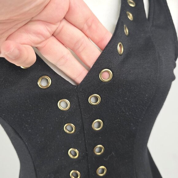 Guess Black Gold Rivet Studded V Neck Sleeveless Peplum Top ModWife Whimsigoth - Picture 3 of 8
